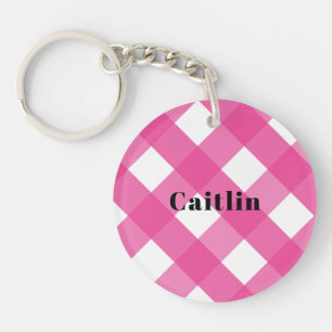 Modern Pink Check Round Acrylic Key Ring