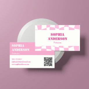 Modern Pink Checkered Business Card with QR Code  