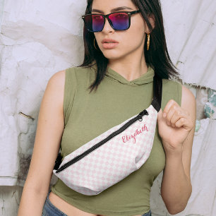 Modern Pink Checkered Pattern Name Waist Crossbody Bum Bags