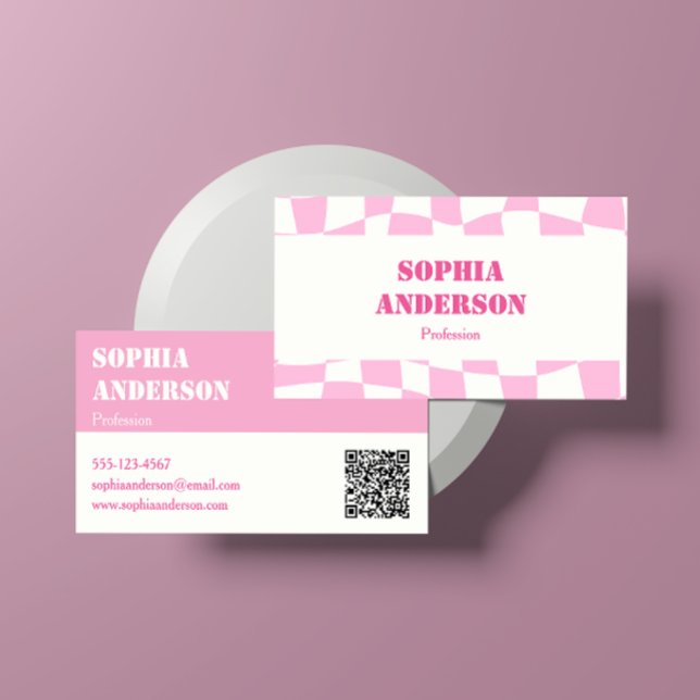 Modern Pink Chequered Business Card with QR Code   (Creator Uploaded)