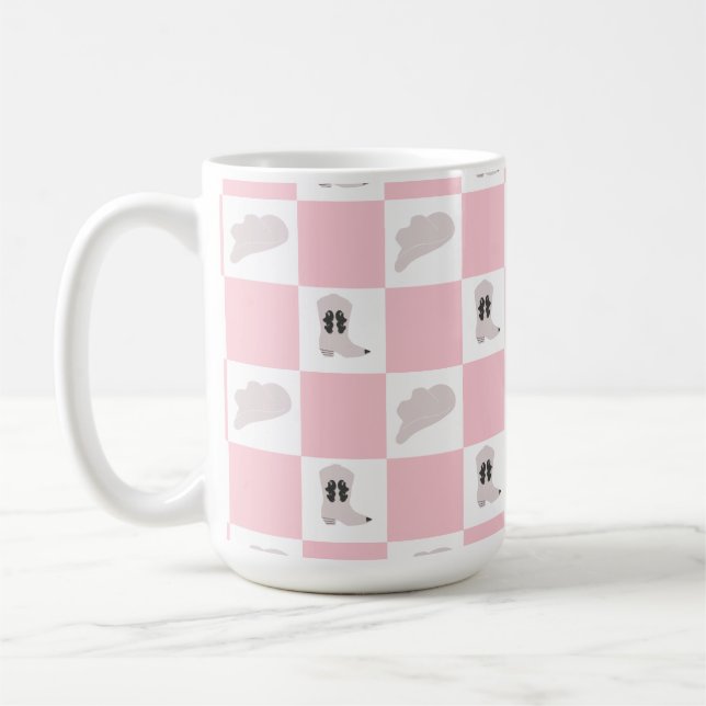 Modern Pink Chequered Cowgirl Rodeo Pattern Coffee Mug (Left)