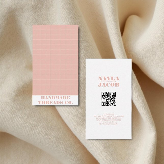 Modern Pink Chequered Pattern QR Code  Business Card (Creator Uploaded)