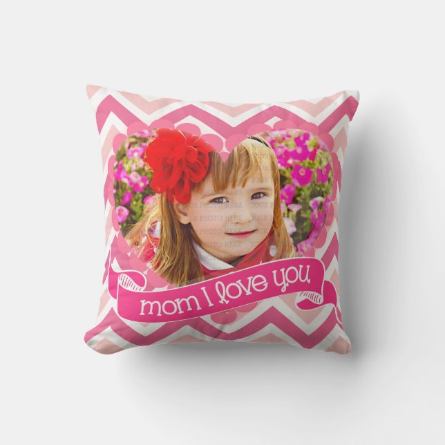 Modern Pink Chevron I Love You Mum - Custom Photo Cushion (Front)