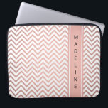 Modern Pink Chevron Pattern Girly Faux Rose Gold Laptop Sleeve<br><div class="desc">Protect your laptop in style with a chic trendy sleeve. Design features white and faux rose gold foil zig-zag chevron pattern and vertical stripe with your name or other customized text in a simple black typography font. This elegant computer case makes a stylish gift for her.</div>