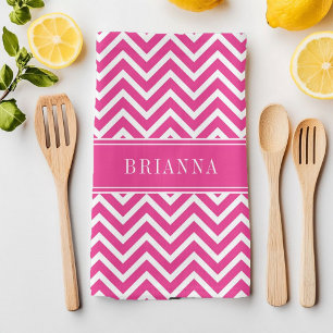 Modern Pink Chevron Stripes Name Tea Towel