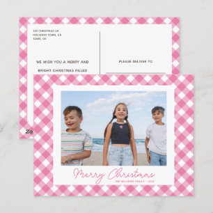 Modern Pink Christmas Gingham Photo Postcard
