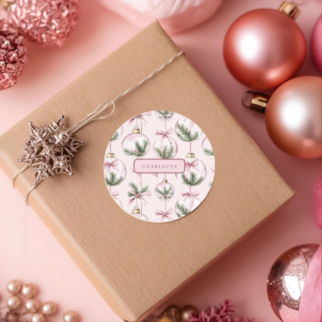 Modern Pink Christmas Ornament Personalized Sticke Classic Round Sticker (Creator Uploaded)