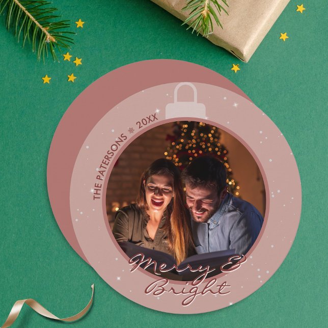 Modern Pink Christmas Ornament Photo Holiday Card (Send this unique Christmas card to your loved ones, and add joy and love to your holiday greetings.)