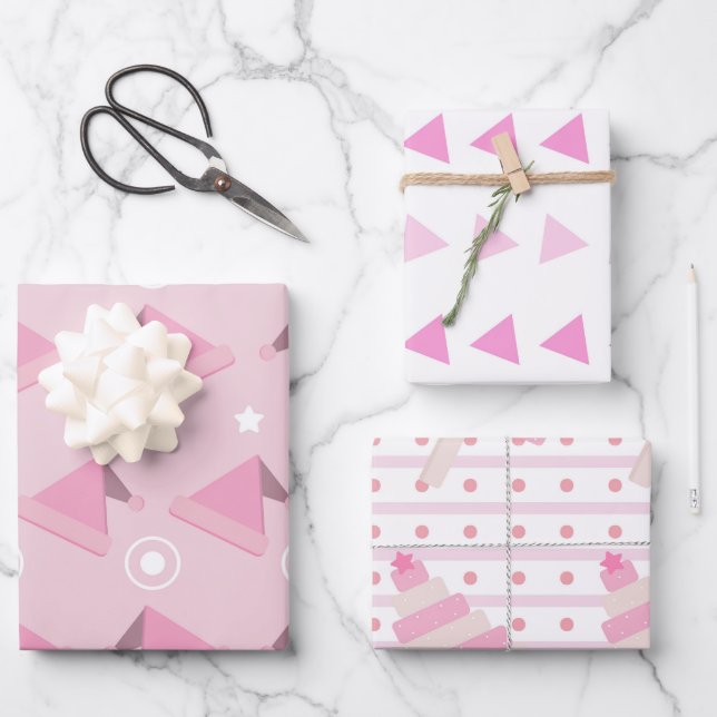 Modern Pink Christmas Pattern Set of 3  Wrapping Paper Sheet (Front)