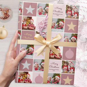 Modern Pink Christmas Photo Collage Wrapping Paper