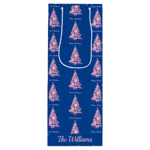 Modern Pink Christmas Tree Custom Name Blue Wine Gift Bag