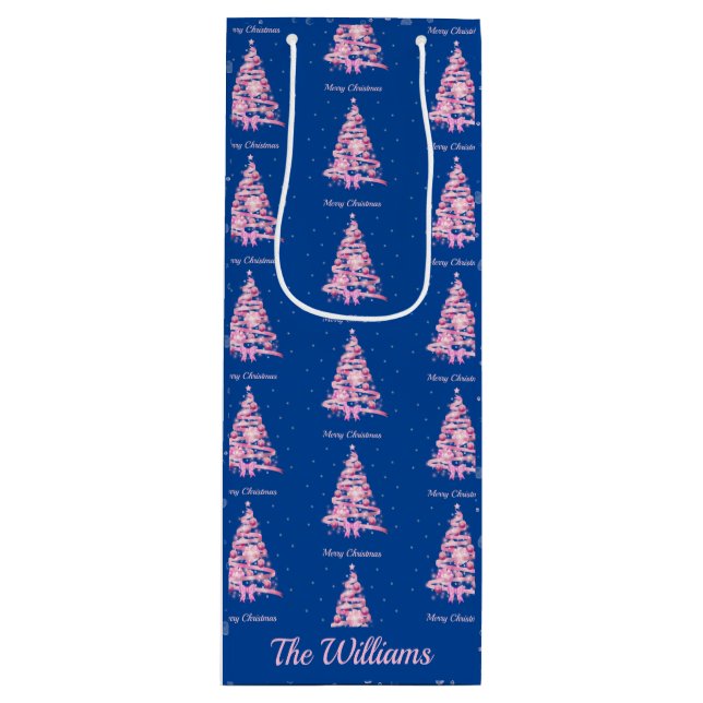 Modern Pink Christmas Tree Custom Name Blue Wine Gift Bag (Front)