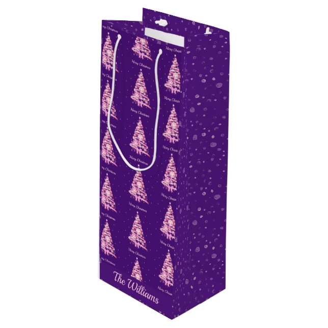 Modern Pink Christmas Tree Custom Name Purple Wine Gift Bag (Front Angled)