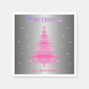 Modern Pink Christmas Tree Custom Name Silver Foil Napkin