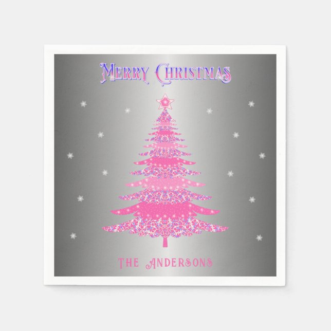 Modern Pink Christmas Tree Custom Name Silver Foil Napkin (Front)