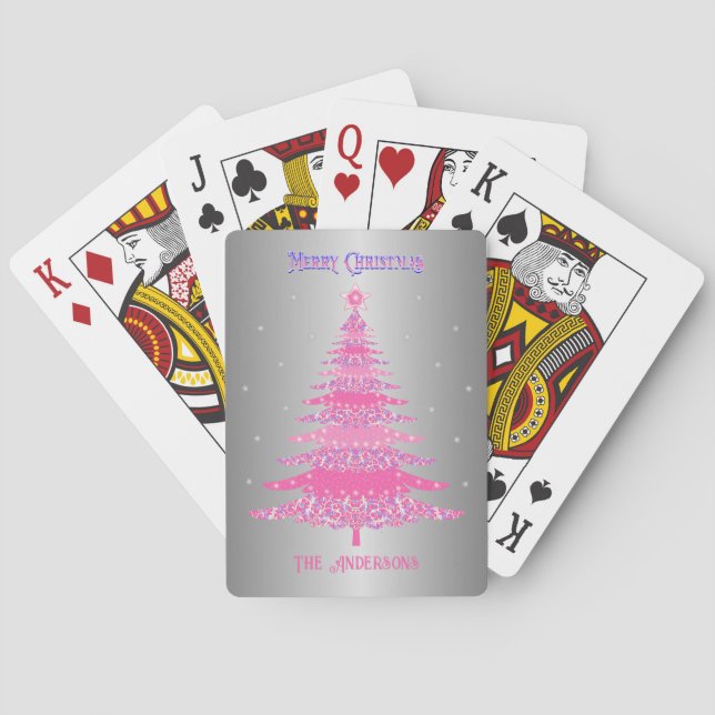Modern Pink Christmas Tree Custom Name Silver Foil Playing Cards (Back)