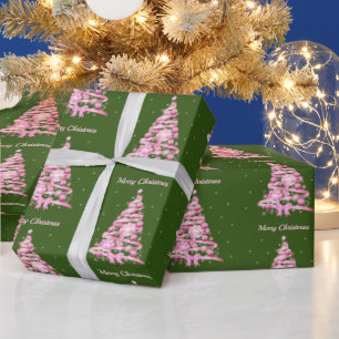 Modern Pink Christmas Tree Green Wrapping Paper
