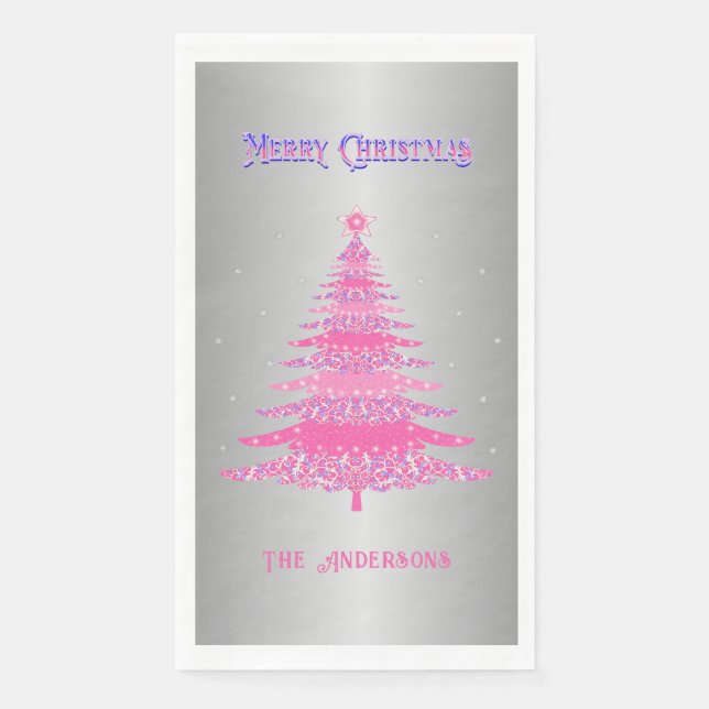 Modern Pink Christmas Tree Name Custom Silver Foil Napkin (Front)