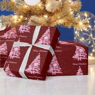 Modern Pink Christmas Tree Red Wrapping Paper