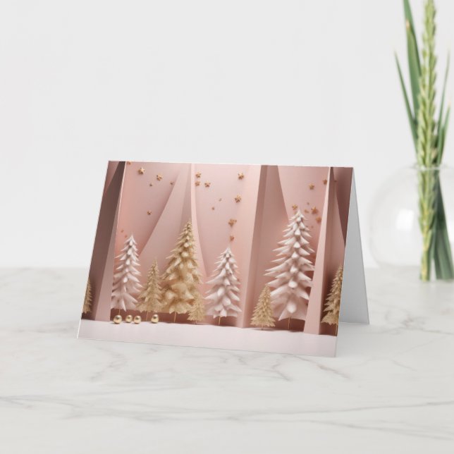 Modern Pink Christmas Trees Holiday Card (Front)
