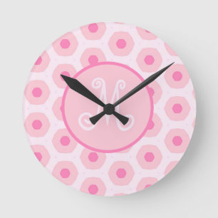 Modern Pink Circle Dots Geometric Monogram Round Clock