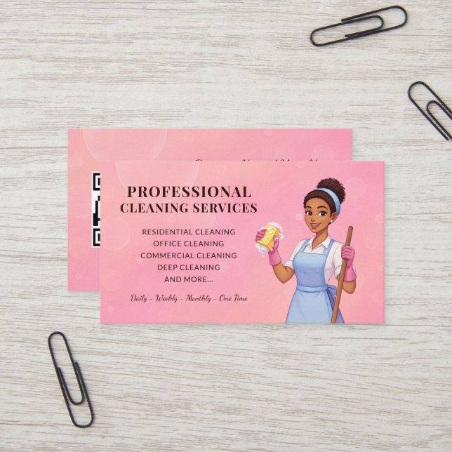 Modern Pink Cleaning Service Business Card (Front/Back In Situ)