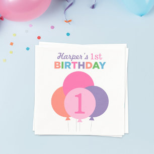 Modern Pink Colourful Balloons First Birthday Part Napkin