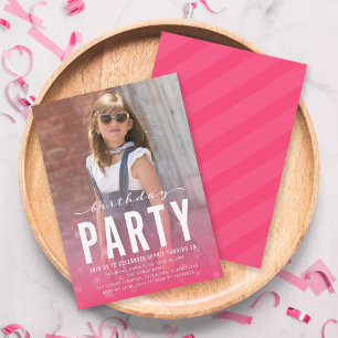 Modern Pink Confetti Any Age Photo Birthday Party Invitation