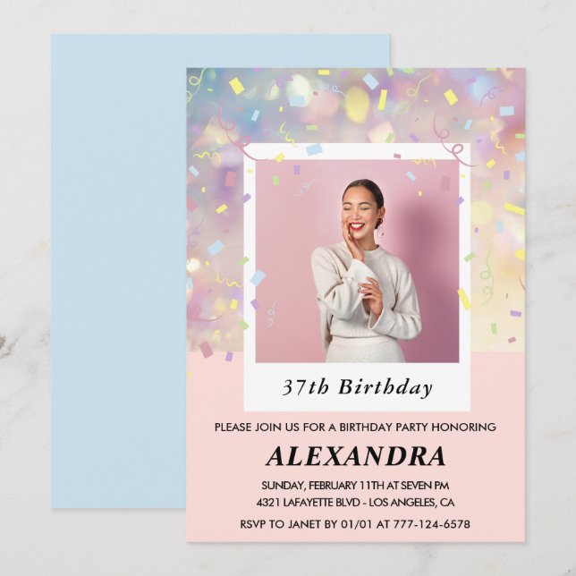 Modern Pink Confetti Photo 37th birthday Invitation (Front/Back)