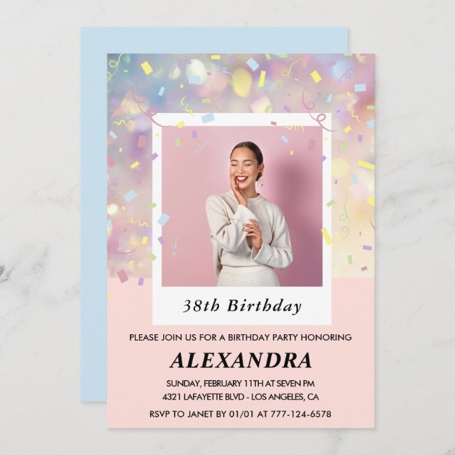 Modern Pink Confetti Photo 38th birthday Invitation (Front/Back)