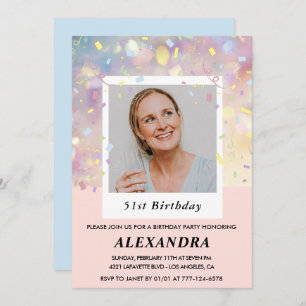 Modern Pink Confetti Photo 51st birthday Invitation