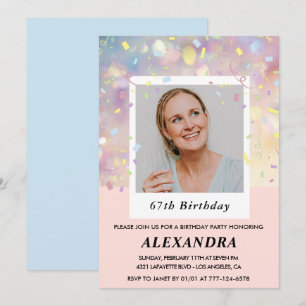 Modern Pink Confetti Photo 67th birthday Invitation