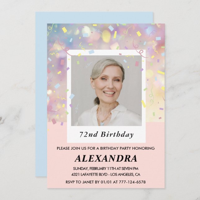 Modern Pink Confetti Photo 72nd birthday Invitation (Front/Back)
