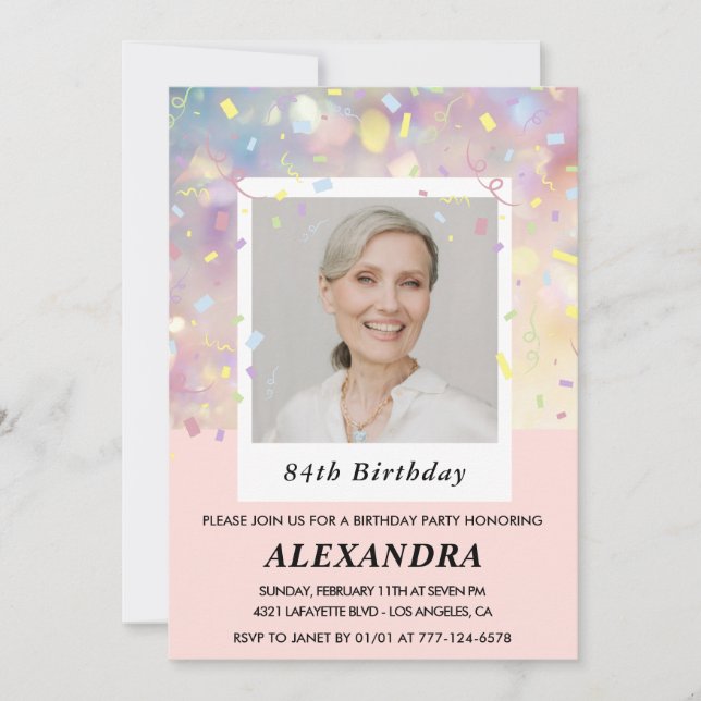 Modern Pink Confetti Photo 84th birthday Invitation (Front)