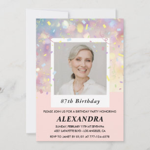 Modern Pink Confetti Photo 87th birthday Invitation
