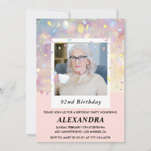 Modern Pink Confetti Photo 92nd birthday Invitation