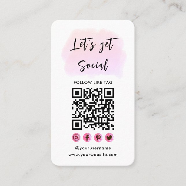 Modern Pink Connect With Us QR Code Social Media Business Card (Front)