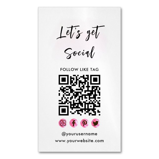 Modern Pink Connect With Us QR Code Social Media Magnetic Business Card (Front Vertical)