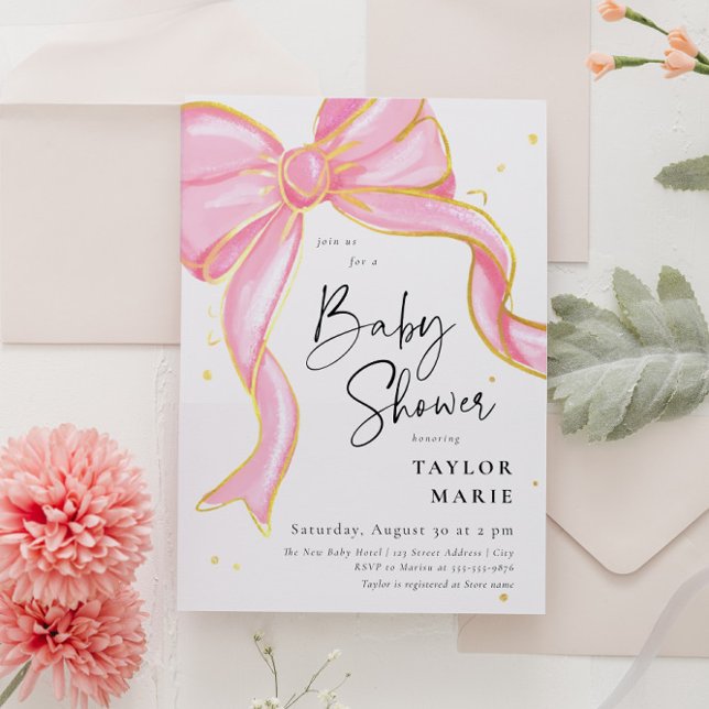 Modern Pink Coquette Bow Baby Shower Girl Invitation (Creator Uploaded)
