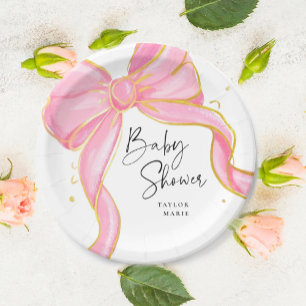 Modern Pink Coquette Bow Baby Shower Girl Paper Plate