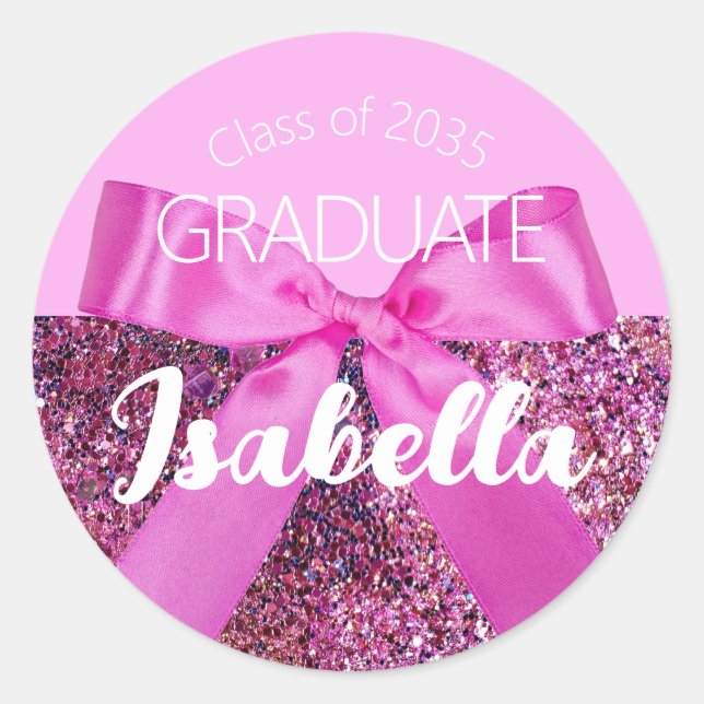 Modern Pink Coquette Bow Graduate Glitter Script Classic Round Sticker (Front)