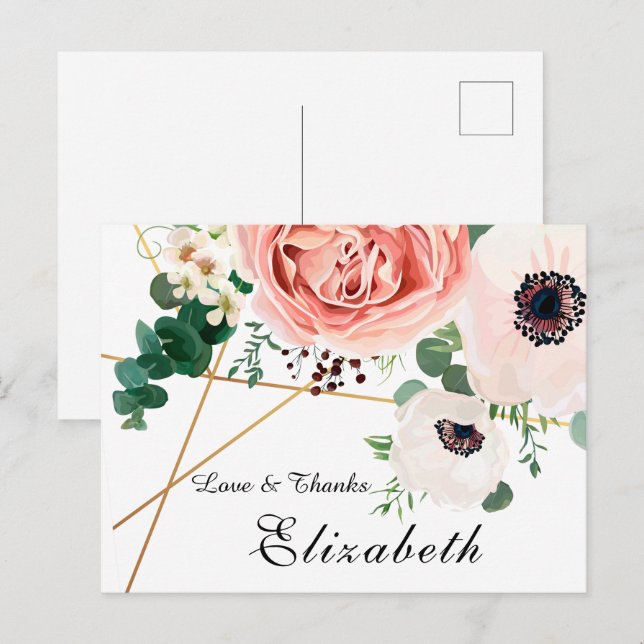 Modern Pink Coral Floral Botanical Thank You Postcard (Front/Back)