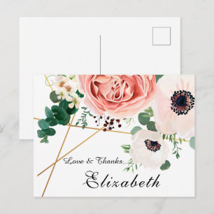 Modern Pink Coral Floral Botanical Thank You Postcard