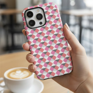 Modern Pink Coral Grey Geometric Harlequin Pattern iPhone 16 Pro Case