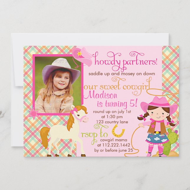 Modern Pink Cowgirl Little Horse Cute Photo Party Invitation (Front)