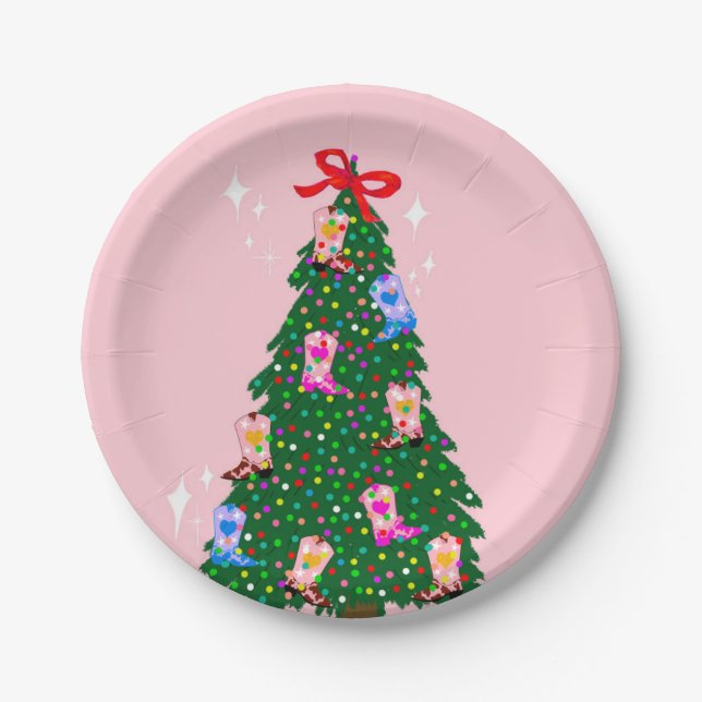 Modern Pink Cowgirl Western Boots Christmas   Paper Plate (Front)