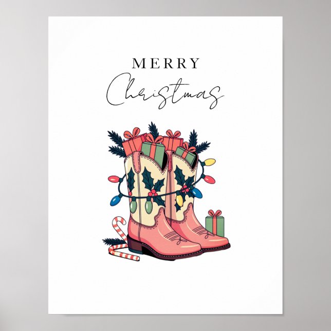 Modern Pink Cowgirl Western Boots Christmas Poster (Front)