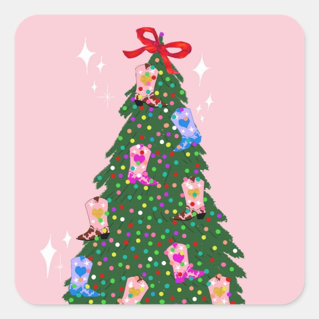Modern Pink Cowgirl Western Boots Christmas   Square Sticker (Front)