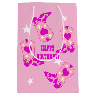 Modern Pink Cowgirl Western Boots Happy Birthday Medium Gift Bag