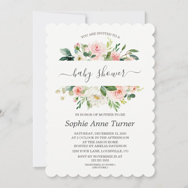 Modern Pink Cream Floral Calligraphy Baby Shower Invitation (Front)